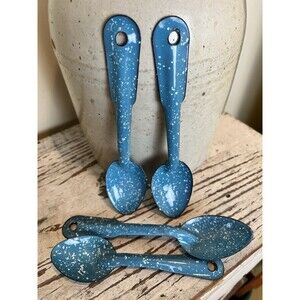 VTG Enamelware Blue Speckled Spoon Enamel Camp Fire Farm House  6” & 7” LOT x4